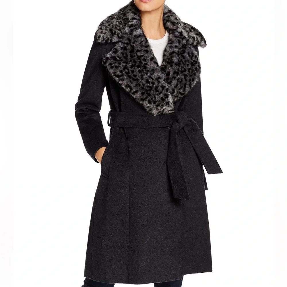 New Via Spiga Leopard Print Faux Fur Collar Wool Belted Wrap Coat Black Grey XS - Picture 1 of 6